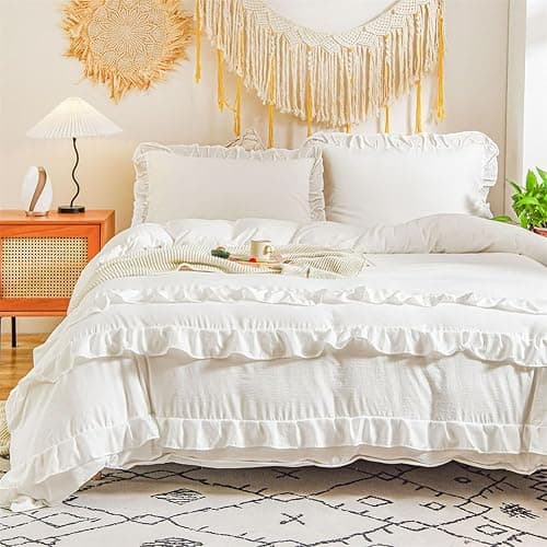 Koudi White Ruffled Shabby Chic Duvet Cover Set Queen Size Vintage Ruffle Fringe Comforter Cover Solid Color Farmhouse Rustic Bedding Set Soft Microfiber with Zipper Ties - Image 1