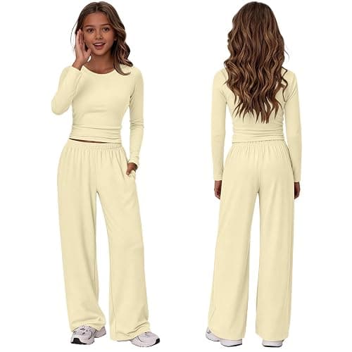 Girls 2 Piece Set Spring Outfits Lounge Sets Ruched Long Sleeve Top Wide Leg Pants Sweatsuit Clothing Athletic Outfit - Image 1
