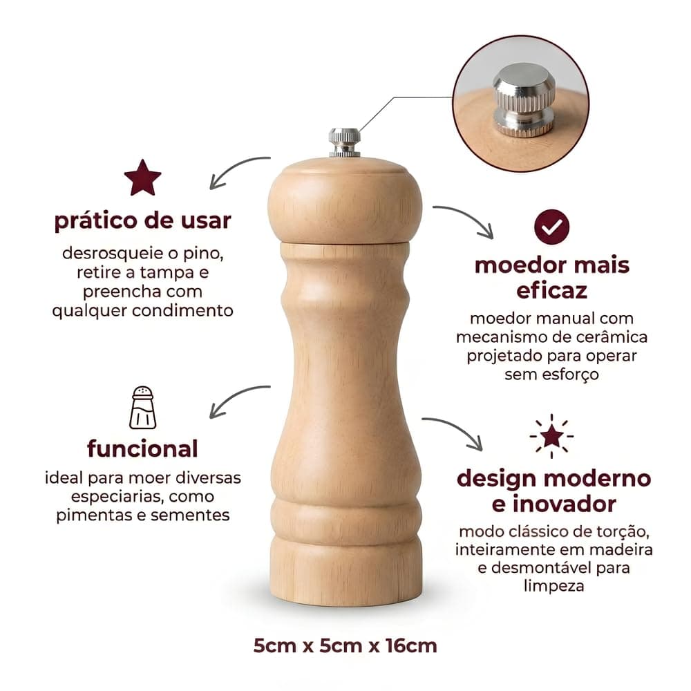 Moedor Manual de Pimenta e Sal em Madeira, Moagem Cerâmica Ajustável para Grãos e Condimentos, 16cm thumbnail 6