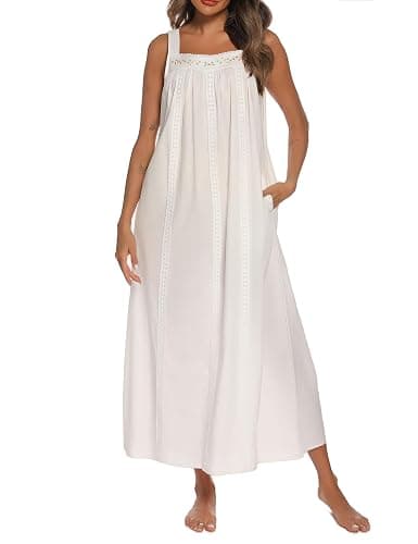 YOZLY Cotton Nightgowns for Women Embroidery Sleeveless Night Gown with Pockets S-XXXL thumbnail 2