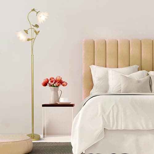 HMVPL Gold Floor Lamp for Living Room, Flower Standing Lamp with 2 LED 5W Blubs, Foot Switch, Floral Tall Lamp with Acrylic Shade, Antique Lotus Flower Floor Lamp for Living Room Office Reading thumbnail 2