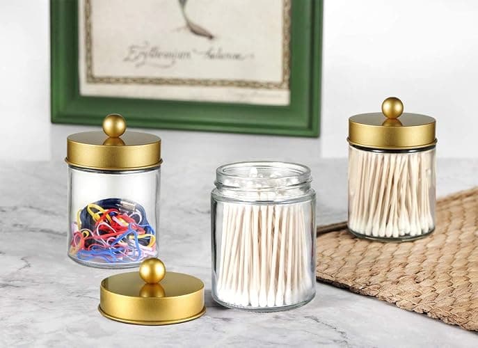Amolliar Apothecary Jar Bathroom Storage Qtip Holder Glass, Gold 2Pack | for Bathroom Vanity Storage, Countertop, Farmhouse Style, Holds Cotton Swabs, Dental Floss, Makeup Sponges thumbnail 2