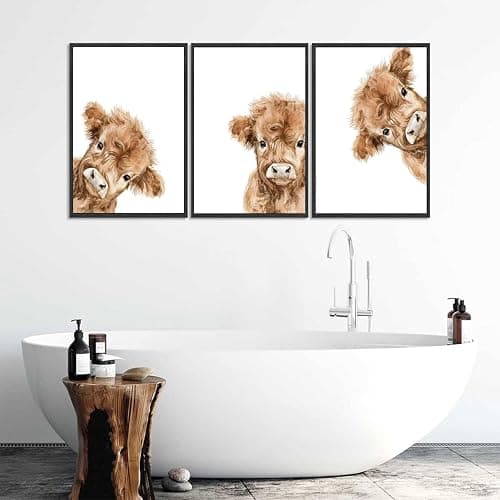 3Pcs Highland Cow Baby Canvas Wall Art Brown Peeping Highland Cattle Wall Decor Pictures Cute and Funny Animals Posters Prints for Nursery Children's Room Bathroom Artwork Home Decoration Unframed thumbnail 6