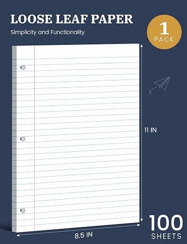 Loose Leaf Paper, 100 Sheets Notebook Paper, Binder Lined Paper Wide Ruled, 8.5'' x 11'' Loose Leaf, 3-Hole Punched Filler Writing Paper, 3-Ring Binder Note Papers, White thumbnail 3