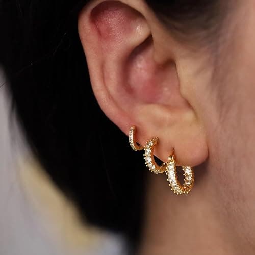 ASCOMY Gold Hoop Earrings Set for Women - 14K Gold/White Gold Plated Huggie Hoops, Cubic Zirconia Studs, Chunky Open Hoops - CZ Jewelry Gifts thumbnail 3