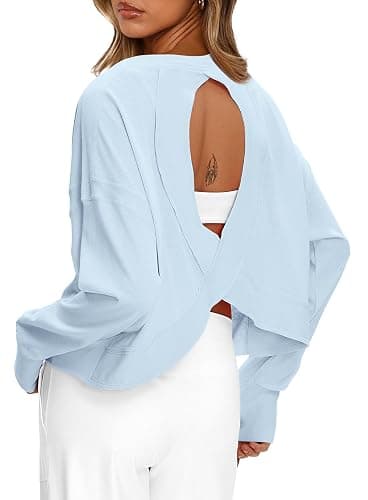 Darong Women's Open Back Workout Top Oversized Athletic Shirt Long Sleeve Crop Top with Thumb Holes thumbnail 4