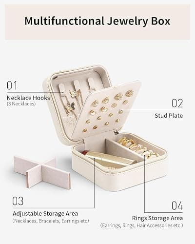 Vlando Travel Jewelry Case with 16 Earring Plates,Small Travel Jewelry Organizer Box,Portable Display Storage Box For Rings Earrings Necklaces,Gift for Girls Women,White thumbnail 6