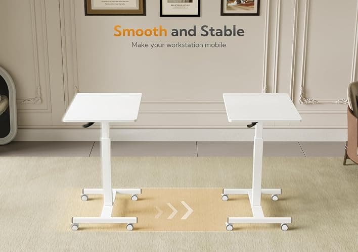 Claiks Mobile Standing Desk, Small Rolling Workstation with Wheels, Pneumatic Laptop Desk for Home Office with Hook, White thumbnail 5