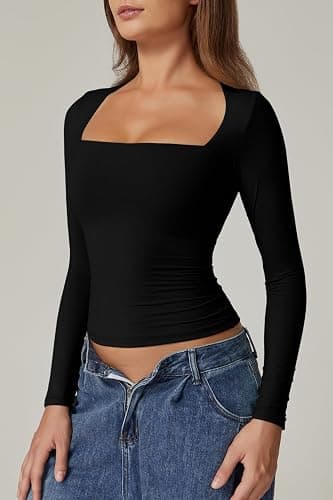 QINSEN Women's Sexy Square Neck Shirt Long Sleeve Double Lined Tees Fitted Going Out Tops thumbnail 3