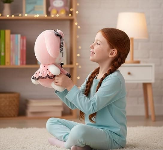 AlphaDesignLuxe 13″ Kitty Plush Toy – Kawaii Cat Stuffed Animal with Long Pink Ears, Polka-Dot Dress, Black Lace Trim & Rose Bow, Soft Plush Doll Gift for Kids, Teens & Collectors thumbnail 5