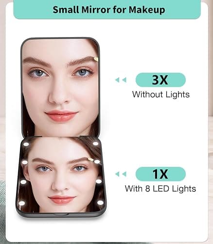 WOBSION Small Mirror with Lights,LED Compact Makeup Mirror,1x/3x Mini Travel Mirror with Magnification,Portable for Purse,Pocket,Gifts for Girls,Black thumbnail 3