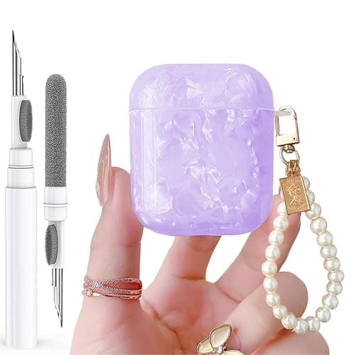 Olytop for Cute Glitter Airpods 2nd/1st Generation Case with Cleaner Pen,Shell Pattern Airpods 2/1 Gen Cover Protective Skin Girl Women with Luxury Pearl Keychain for Apple iPod 2nd/1st Gen - Purple thumbnail 9