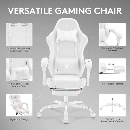 Morkprism White Gaming Chair,Computer Office Chair with Footrest,Massage Lumbar Support and Gel Pad,Ergonomic Reclining Adjustable Leather Gamer Chair with Headrest and Spring Cushion White thumbnail 6