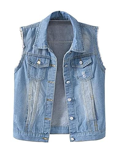 VIEWON Women's Casual Denim Waistcoat Frayed Sleeveless Ripped Jacket Vest with Pockets - Image 1