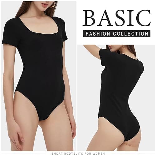 CE' CERDR Women’s 5 Pack Short Sleeve Bodysuits Square Neck T-shirt Basic Casual Tops Body suit thumbnail 2