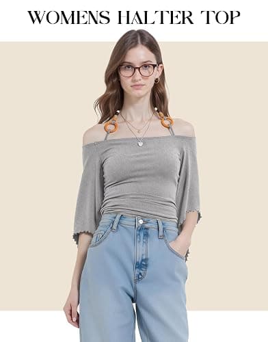 Off The Shoulder Tops for Women, Casual Bell Sleeve 3/4 Length Going Out Halter Neck Top thumbnail 7