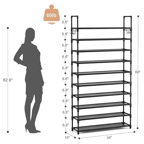 VTRIN 10 Tier Shoe Rack Tall Large Capacity 50 Pair Wide Shoe Organizer with Two Hooks Sturdy Metal Shoe Shelf for Entryway, Closet, Bedroom thumbnail 3