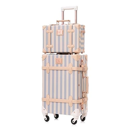 UNIWALKER Vintage Carry on Luggage Set, 2 Piece Retro Spinner Trunk Suitcase with Cosmetic Train Case for Women, 20"+12", Blue Strip - Image 1