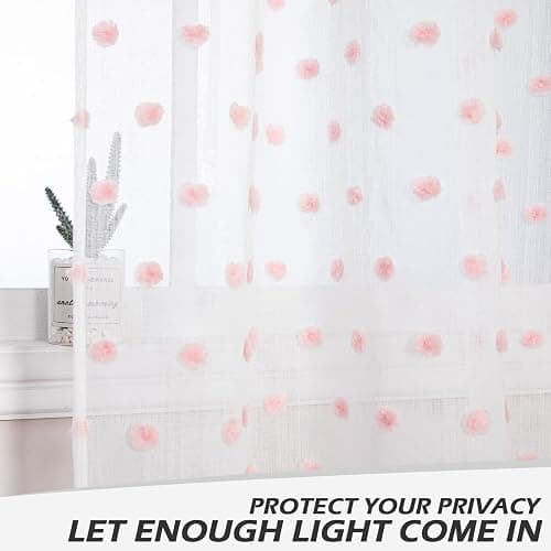 MYSKY HOME Pom Pom Sheer Curtains for Girls Bedroom Pink Curtains for Nursery 84 Inch Long Living Room Curtains 2 Panels Light Filtering Rod Pocket Semi Window Drapes 52 x 84 inch - 52"W x 84"L (Pack of 2) - Pink Pom Pom thumbnail 4