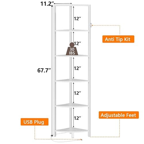 Furnulem 6 Tier Corner Shelf with LED Light, 67.5” Tall Standing Shelf Organizer, White Narrow Bookshelf with Storage Rack for Wall Corner, Living Room, Bedroom, Metal Frame, Wood Display Shelf thumbnail 2
