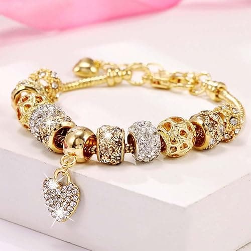 Sinalty Gold Beads Bracelets Rhinestone Heart Charm Bracelet Luxury Adjustable Bangle for Women thumbnail 8
