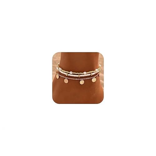 Qceasiy Shell Ankle Bracelet Set for Women, 14K Gold Boho Bead Adjustable Anklet, Hawaiian Beach Seashell Pearl Heart Starfish Conch Foot Jewelry Gifts - Disc 3Pcs