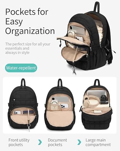 CLOKARS Quilted Laptop Backpack for Women, College Bookbag with Tumbler Holder Pocket for Nurse Teacher Work Travel, Puffer School Backpack for Teen Girls Big Student, Black thumbnail 3