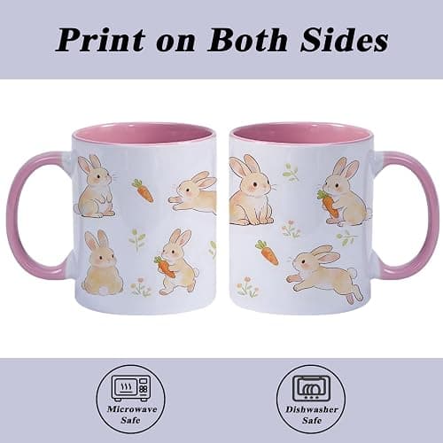 VACNKOCY 11oz Cute Bunny Ceramic Coffee Mug with Pink Handle & Interior – Adorable Rabbit & Carrot Floral Design Tea Cup – Aesthetic Gift Mug for Home, Office, Easter & Spring Décor thumbnail 5