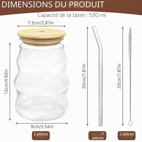xuefenfei 530ml Verres à Bulles Avec Paille, Lot de 2 Verre Matcha, Tasses en Verre Nervuré Café avec Brosse, pour Latte Macchiato, Café Glacé, Thé, Glace, Lait, Jus, Soda thumbnail 3