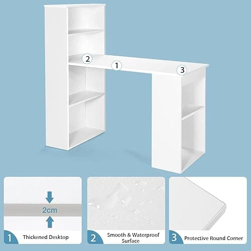 COSTWAY 122cm Computer Desk, Wooden PC Laptop Table Writing Workstation with 6-Tier Storage Bookshelves, Modern Home Office Working Study Desk (White) thumbnail 7