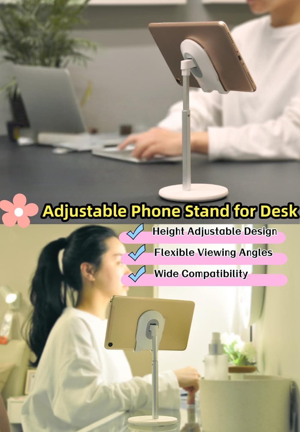 【1PACK】 Adjustable Phone Stand for Desk, Height Adjustable Cell Phone Holder and Tablet Stand Compatible with 4"-12.9" iPhone, iPad, Android Devices and Switch. E-TS (Pink) thumbnail 4