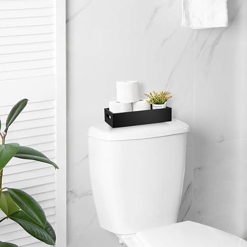 ALELION Black Bathroom Basket - Wooden Toilet Tank Paper Basket with Handle for Organizing - Back of Toilet Storage Organizer for Bathroom Tank Topper Counter - Black Bathroom Decor Box thumbnail 2