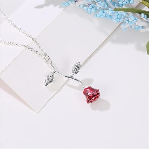 Spiritrain Red Rose Flower Pendant Necklace for Women Gold Silver Plated 3D Vintage Elegant Romantic Enamel Red Flowers Leaf Chain Necklace for Valentine's Day Anniversary Birthday Jewelry Gifts thumbnail 3