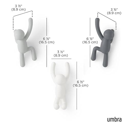Umbra Buddy Wall Hooks – Decorative Wall Mounted Coat Hooks for Hanging Coats, Scarves, Bags, Purses, Backpacks, Towels and More, Set of 3, Grey thumbnail 3
