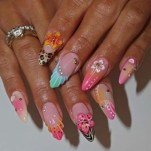 WBRRFJJ 24Pcs Flower Press-on Nails Medium Almond Acrylic False Nails with Leopard French Tip Designs Gold Silver Pearl Pink Glossy Full Cover Artificial Glue-on Nails Spring Summer DIY thumbnail 2