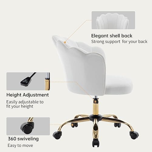 DRKAT Swivel Office Chair, Modern Home Office Desk Chair, Velvet Shell Back Vanity Chair with Golden Metal Base, Height Adjustable Upholstered Cute Task Chair, Ivory thumbnail 5