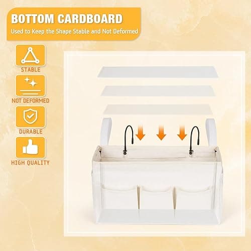 Lilithye Bedside Caddy Bedside Organizer Bedside Storage Caddy with Fixed Straps and Water Bottle Holder for Home College Dorm Bunk Bed Hospital Bed Crib Bed Rails (White) - White thumbnail 6