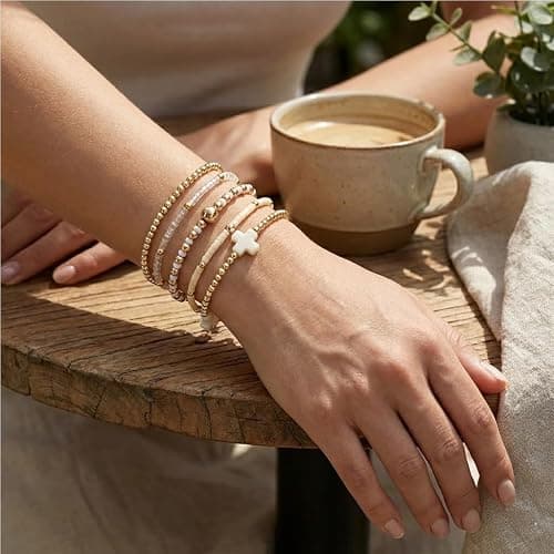 EQUBIO Gold Beaded Cross Bracelet for Women, 14K Plated Adjustable Stackable Dainty Bracelets, Non Tarnish Fashion Jewelry Set Gifts for Women Birthday Friendship thumbnail 3