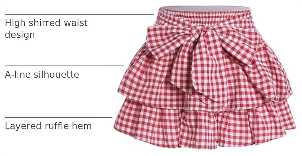 BEAUDRM Women's Y2k Gingham Ruffle Skirt Bow Cute Layered Skort | Plaid Skirt, Pleated, Tiered, A-Line, Rave, Festival, Party, Country Concert Outfits thumbnail 4