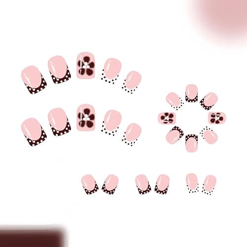 Polka Dot Press on Nails French Tip Short Square Fake Nails with Brown Flower Designs Glue on Nails White Dots False Nails for Women Manicure,Glossy | Reusable | Nail Sticky Tab | Easy Apply | 24Pcs thumbnail 3