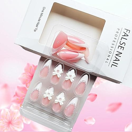 24pcs Almond Shaped Artificial Nails - French Tips with Cute Bow Charms Design - Nude Pink Acrylic Nails for Women & Girls thumbnail 4