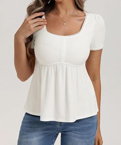 Belle Poque Women's Summer Cute Tops Short Sleeve Babydoll Peplum Top 2026 Square Neck Casual Shirts Teen Top Tee thumbnail 2