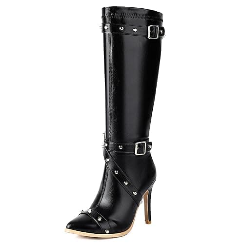 ForeMode Women's Goth Leather Block Heel Ankle Boots Fashion Studded Ankle Strap Trim Punk Boots - 8 - Black-m8-7