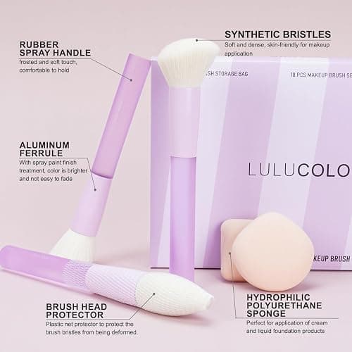 LULUCOLORS 18-Piece Light Purple Professional Makeup Brush Set – Translucent Rubberized Handles, Soft Synthetic Bristles for Face & Eye Makeup–Includes Travel Bag & Sponges, Complete Brush Collection thumbnail 3
