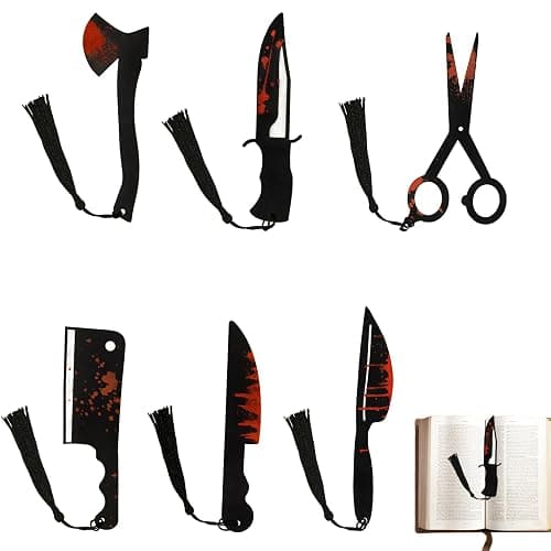 6Pcs Horror Novelty Bookmark Set, Fake Knife Shapes with Blood Stain Gothic Book Accessories Dark Romance Acrylic Page Holders with Black Tassels Halloween Craft - Image 1