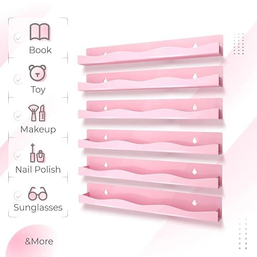 6 Pack Nail Polish Wall Mounted Shelf,15 Inch Nail Polish Floating Shelves for 66-90 Bottles Multi-Purpose,Ideal Gift, Great Display for Salons Retailers,Pink thumbnail 3