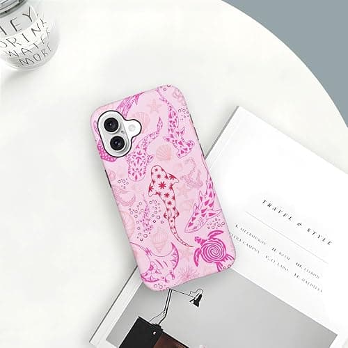 Case for iPhone 16,Fits Frosted Case Design for Girl Women,Sharks Turtles Shells Seaweed Pink thumbnail 4