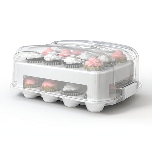 Top Shelf Elements Cupcake Carrier, EXTRA LARGE LID, White Cupcake Holder Carries 24 Standard-Size Cupcakes, Muffin Traveler Two Tier Stand Reusable Cupcake Box - Image 1