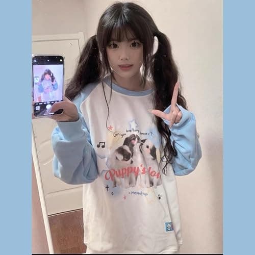 OATSBAS Y2K Cute Sweatshirts for Women Teen Girls Animal Print Long Sleeve Preppy Sweatshirt Kawaii Clothes - Small - Blue thumbnail 4