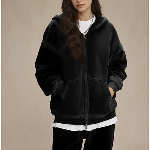 Talakeno Womens Double Zip Up Hoodies Oversized Heavyweight Fleece Sweatshirt Acid Wash Hoodie Vintage Distress Cotton Jacket thumbnail 7